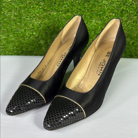 St. John Shoes - Vintage St John Black Satin Heels Emily Faille Paillette Italy 1998